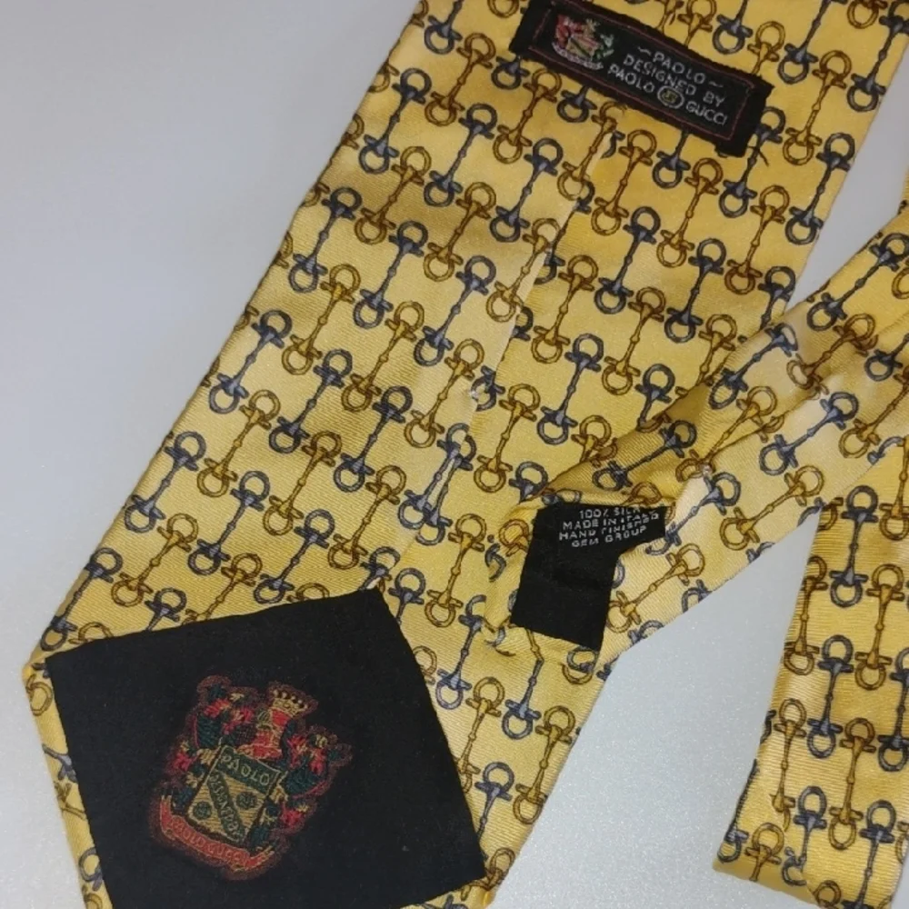 Vintage Paolo GUCCI Yellow Blue 100% Silk Tie Bag Lock Buckle Print
